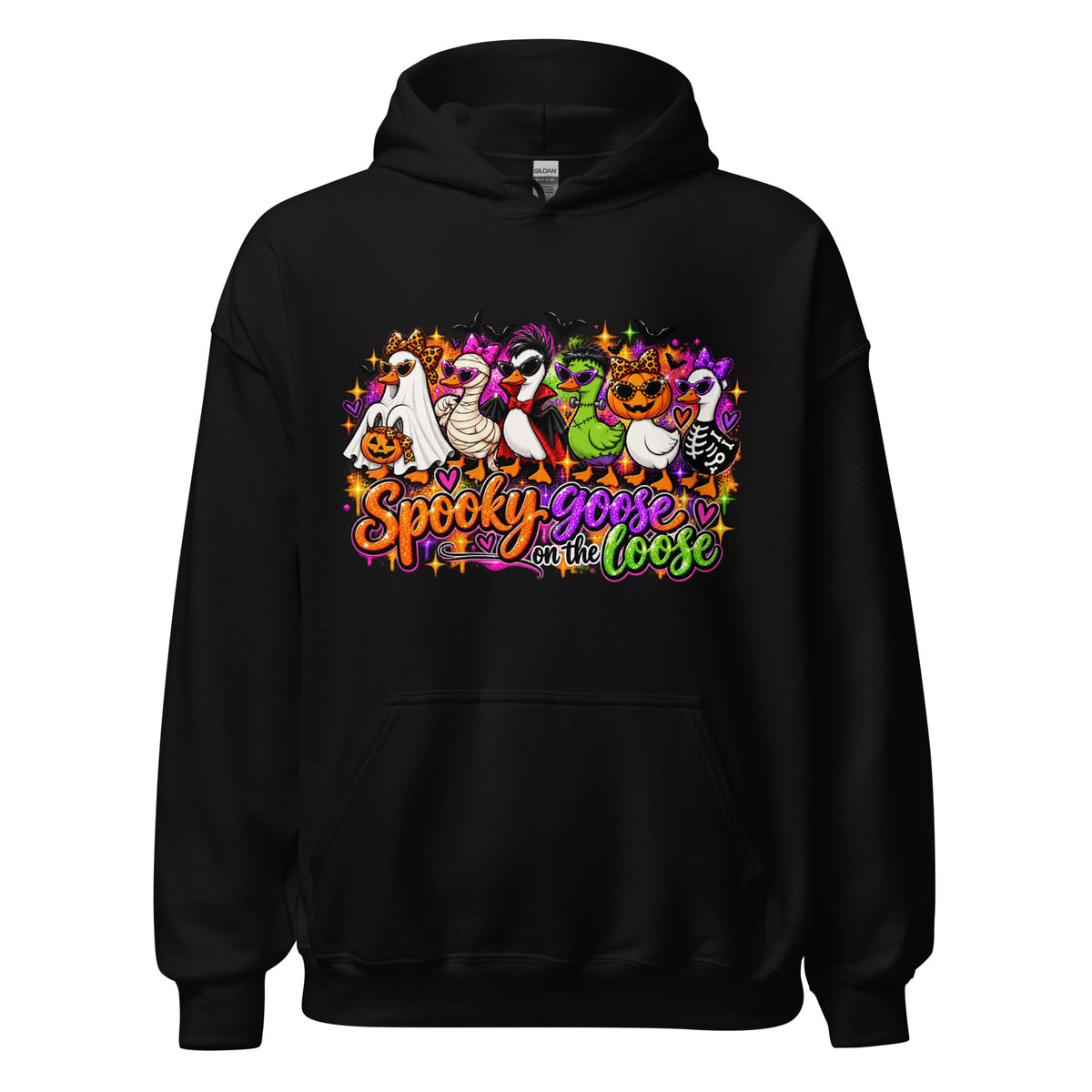 Black Spooky Goose on the Loose Halloween hoodie with colorful costumed geese-AYLAKREATION