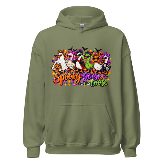 Military green Spooky Goose on the Loose Halloween hoodie with colorful costumed geese -AYLAKREATION